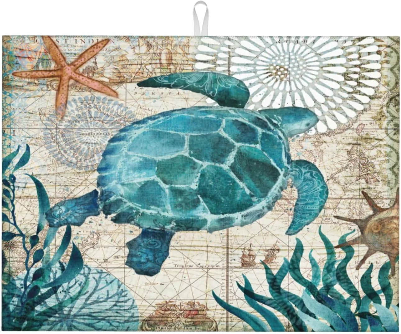 Comfortable Ocean Sea Turtle Dish Drying Mat for Kitchen Counter 18×24 in Retro Map Microfiber Drying Mats Absorbent Reversible Dish Pad Large Dish Draining Mat Organic