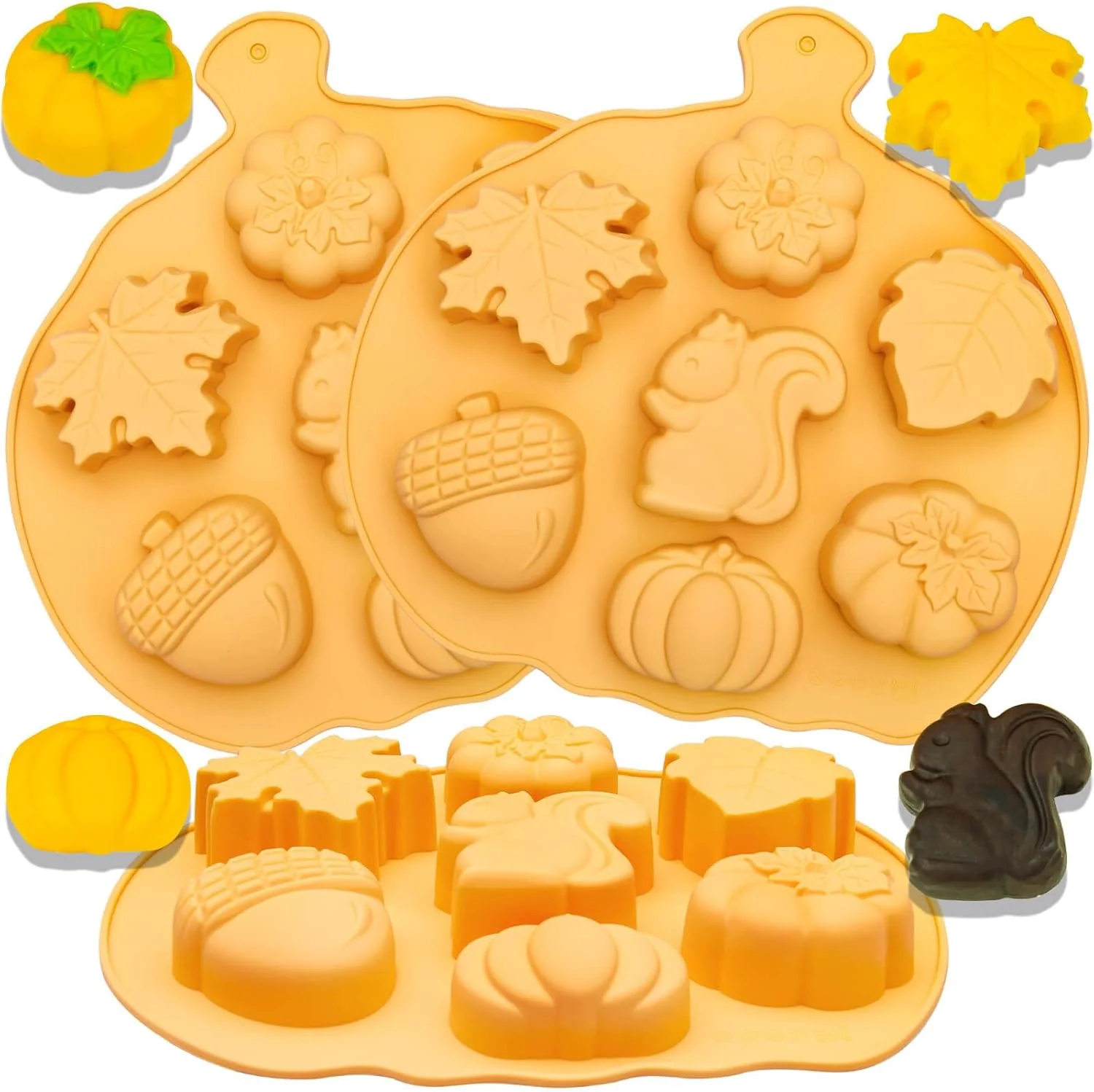 Expertly Made Halloween Thanksgiving Silicone Molds – 3PC Autumn Cake Molds Set with Acorn Pumpkin Maple Leaf Shapes 21-Cavity Baking Pan for Chocolate Candy Natural