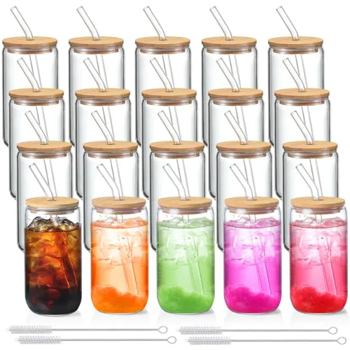 High-Performance 20 Pack Glass Cups with Lids and Straws 16 oz 20 Count Fashionable