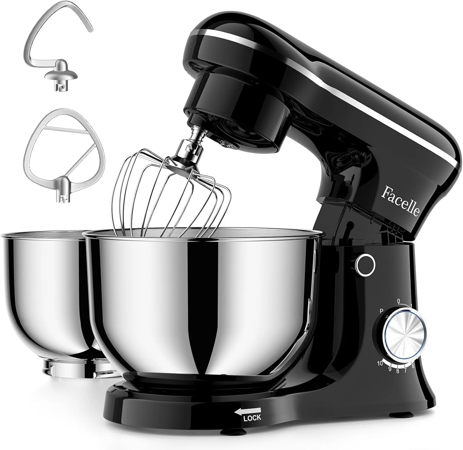 Advanced Facelle Tilt-Head Stand Mixer 5QT 6QT Stainless Steel Two Bowls 10 Speeds Kitchen Electric Food Mixer with Egg Whisk Dough Hook Beater Dishwasher-Safe Attachment I Gift for Mom Smooth
