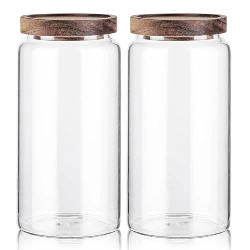Crafted Glass Storage Container Airtight Food Jars Kitchen Canister with Wood Lids 2 Count Fashionable