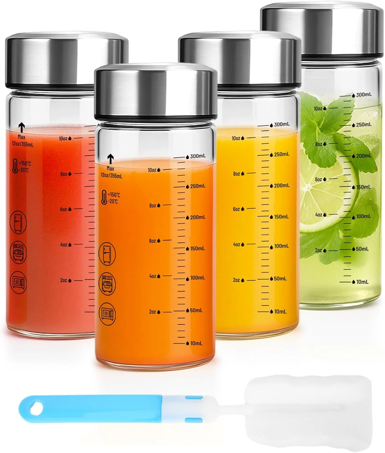 High-Grade 12oz Glass Water Bottles with Lids 4 Pack Reusable Wide Mouth Juice Bottles with Stainless Steel Caps Leakproof Borosilicate Glass for Juicing Authentic