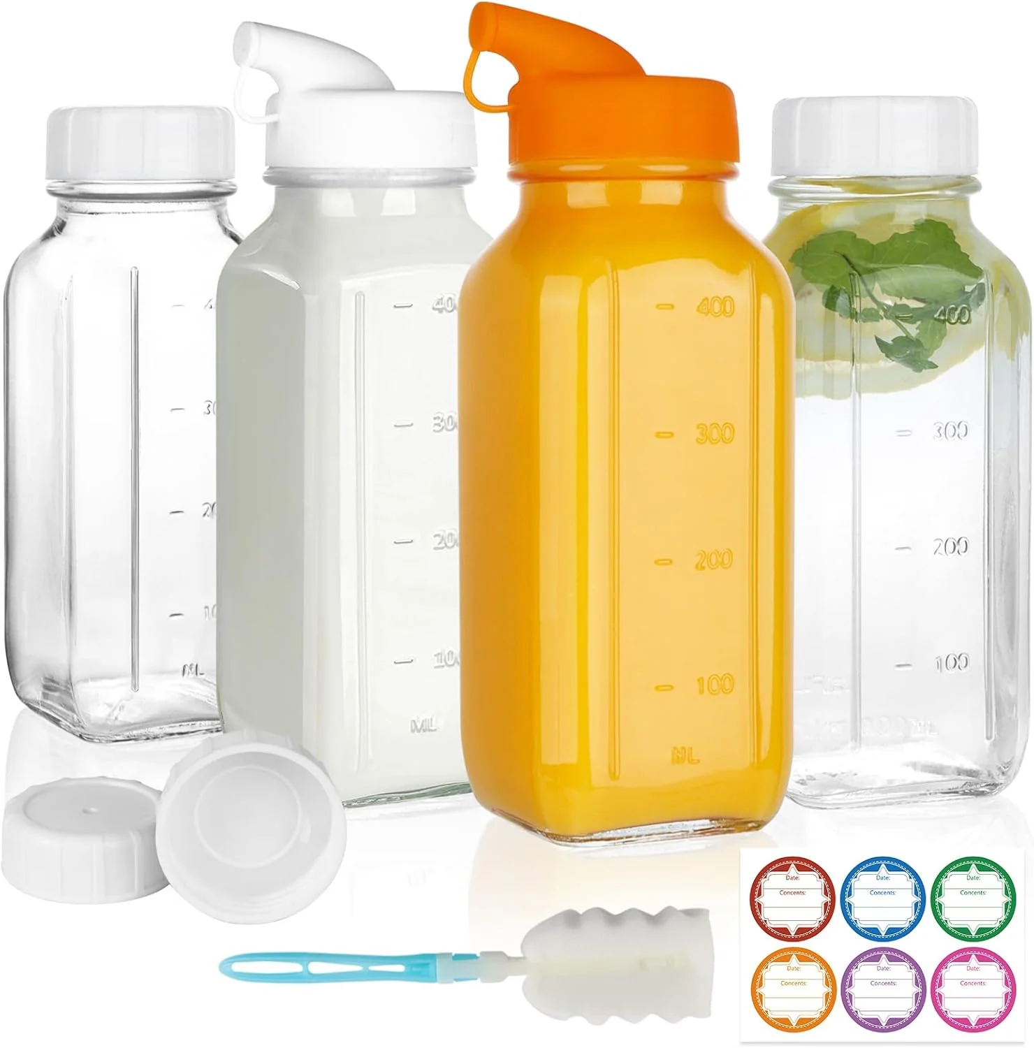 Specialty 4 Pack 16 OZ Glass Milk Bottles with Lids Glass Juice Bottles with Scale Silicone Pour Spout Elegant