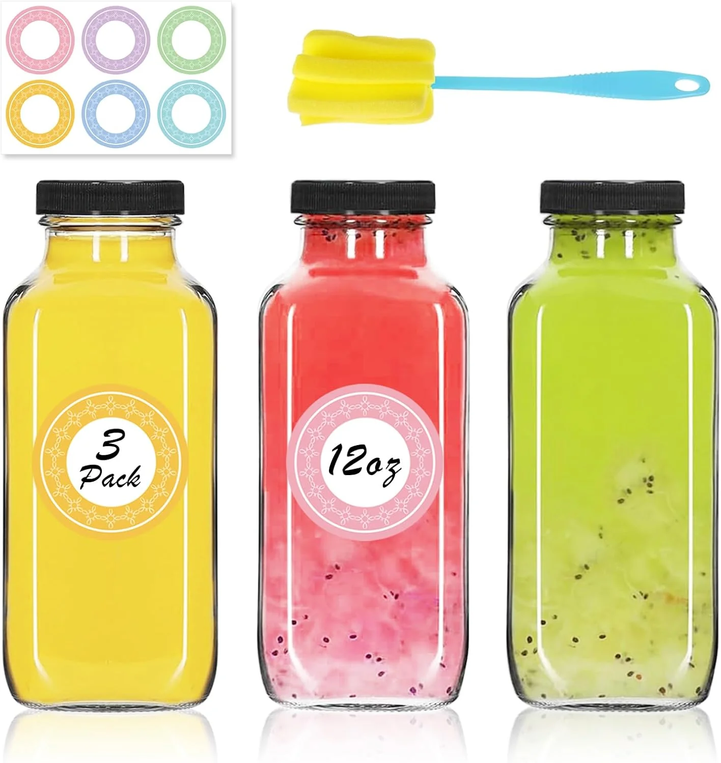 Organic 3 Pack 12oz Glass Water Bottles 350ml Empty Glass Juice Bottles with Black Lids Brush Labels Clear Reusable Drinking Jars for Juicing Modern