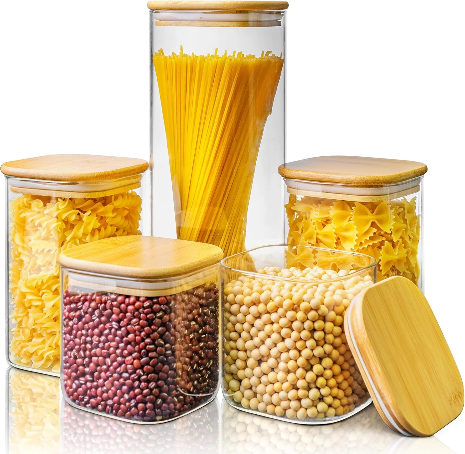 Casual Multi Size – 5 Pack Square Glass Jars with Bamboo Lids Glass Food Storage Containers with Airtight Lids for Kitchen Safe