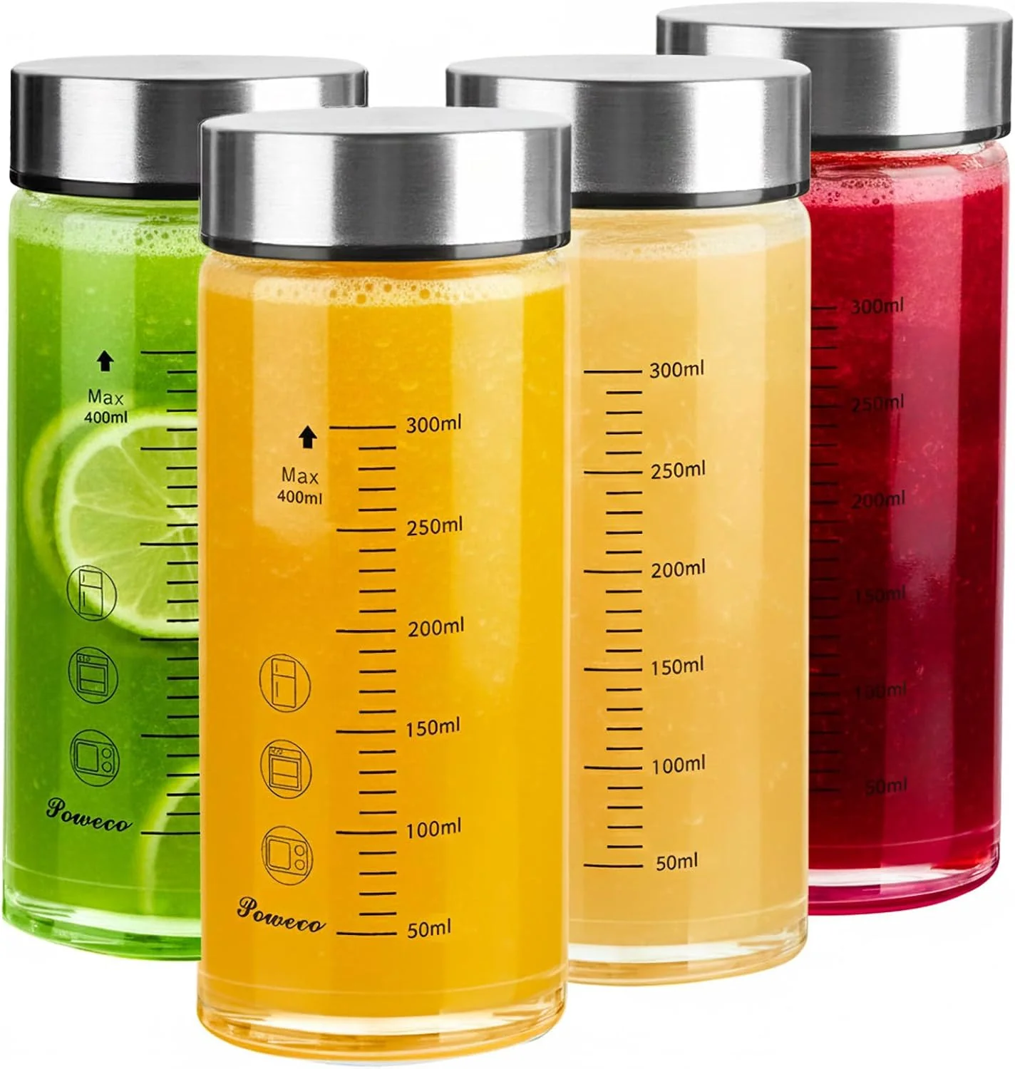 Dependable Glass Juice Bottles 4 Pack 12 oz – Wide Mouth Glass Water Bottles with Lids – for Juicing Protein Smoothie Milk Reusable BPA Stainless Steel Lids Blender Shaker Bottle 12oz 400ml Solid