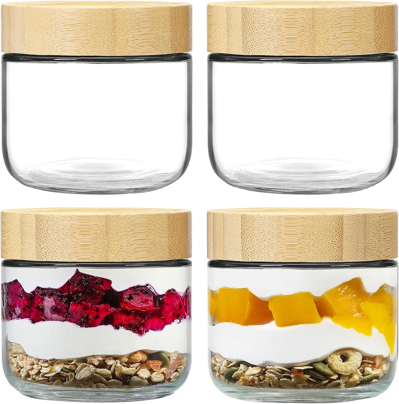 Flexible Netany 4-pack 8oz Glass jars with Airtight Lids Overnight Oats Containers with Bamboo Lids Wide mouth Mason Salad jars Certified