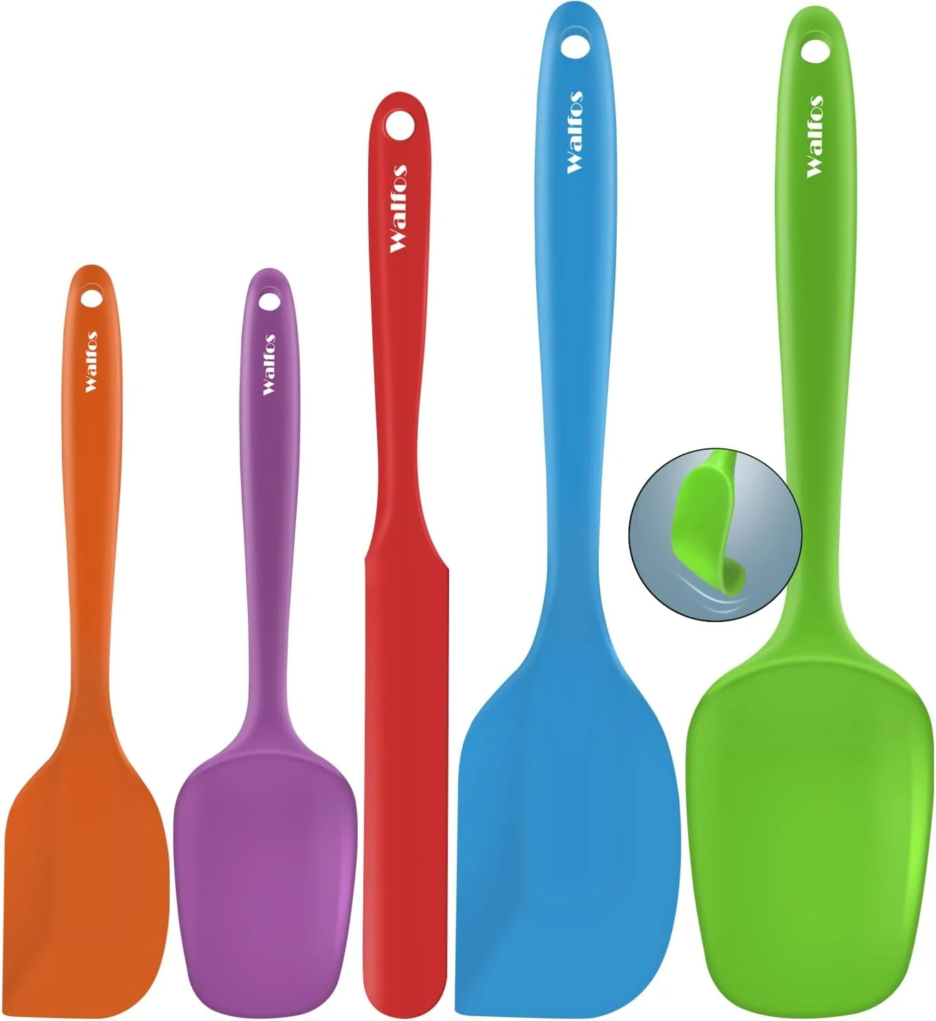 Innovative Walfos Silicone Spatula -600°F Heat Resistant Kitchen Scraper Spatulas Strong Steel Core and One-Pieces Design for Cooking Mixing Baking – BPA and Dishwasher Safe Multicolor set of 5 Comfortable