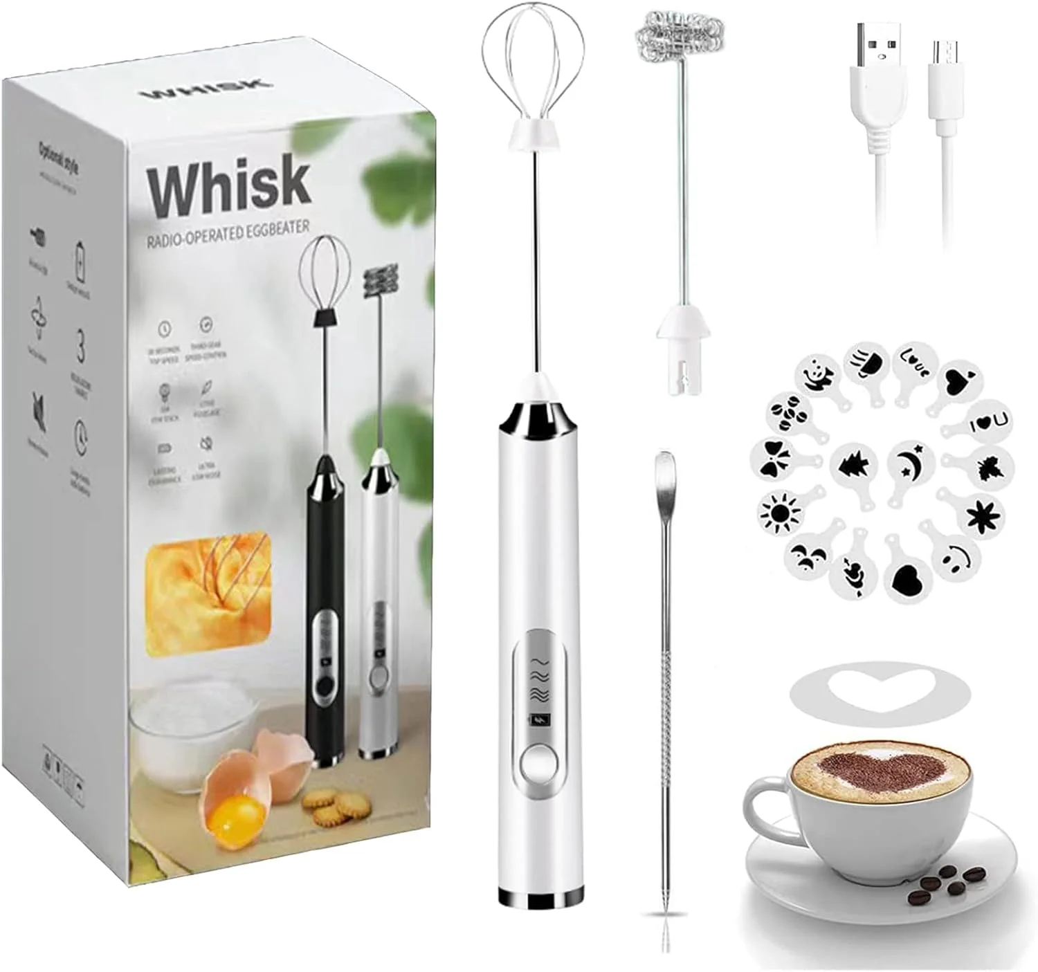 Enhanced Rechargeable Milk Frother – 3-Speed Electric Handheld Coffee Mixer With 2 Whisks and Decoration Tool Stand-up Design for Latte Cappuccino Durable