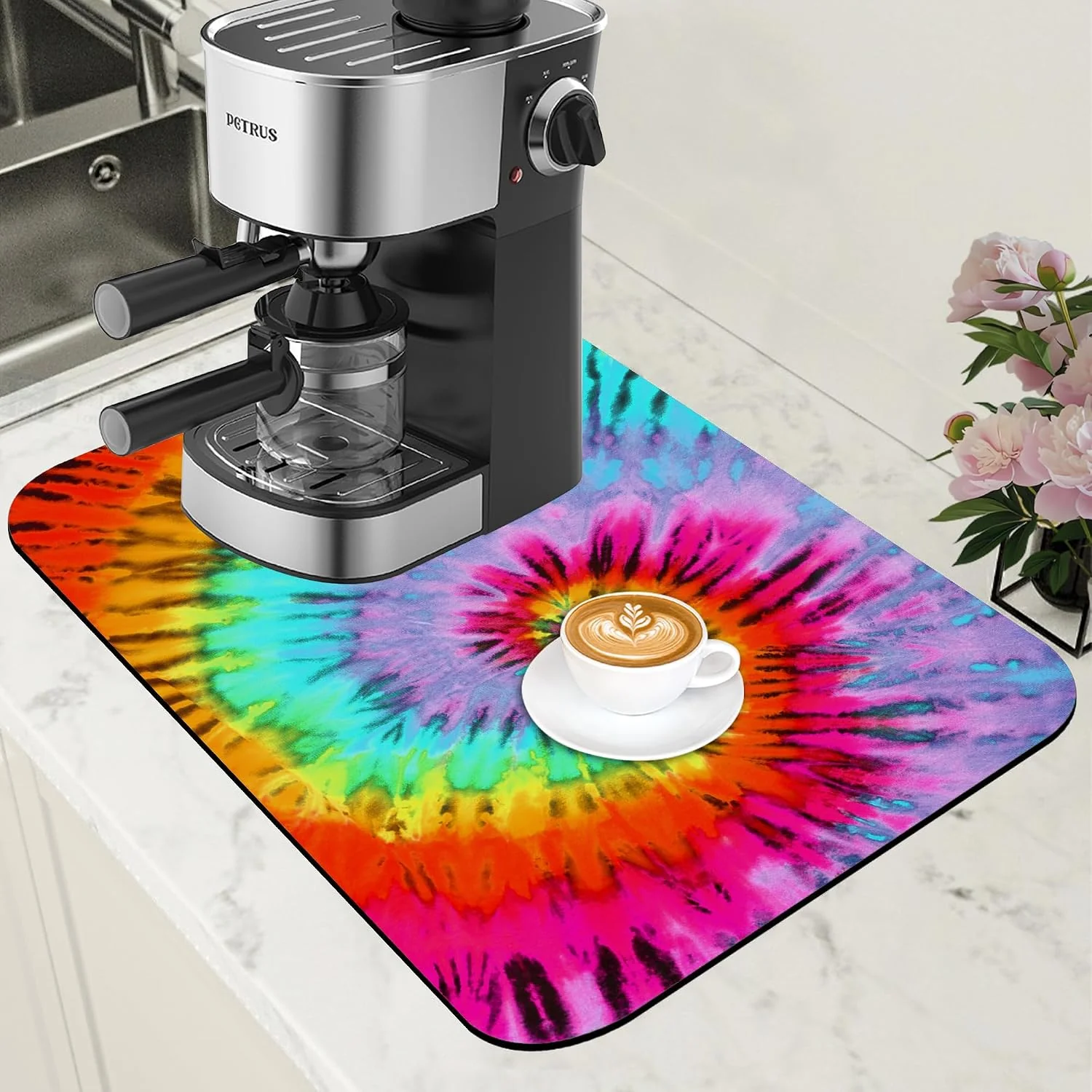 Official Dish Drying Mat Colorful Tie Dye Coffee Bar Mat for Countertop Absorbent Rubber Backed Hide Stain Dish Drainer Rack Pad Coffee Maker Espresso Machine Dining Room Decoration 11.8 x 19.7 Inch Top-Quality