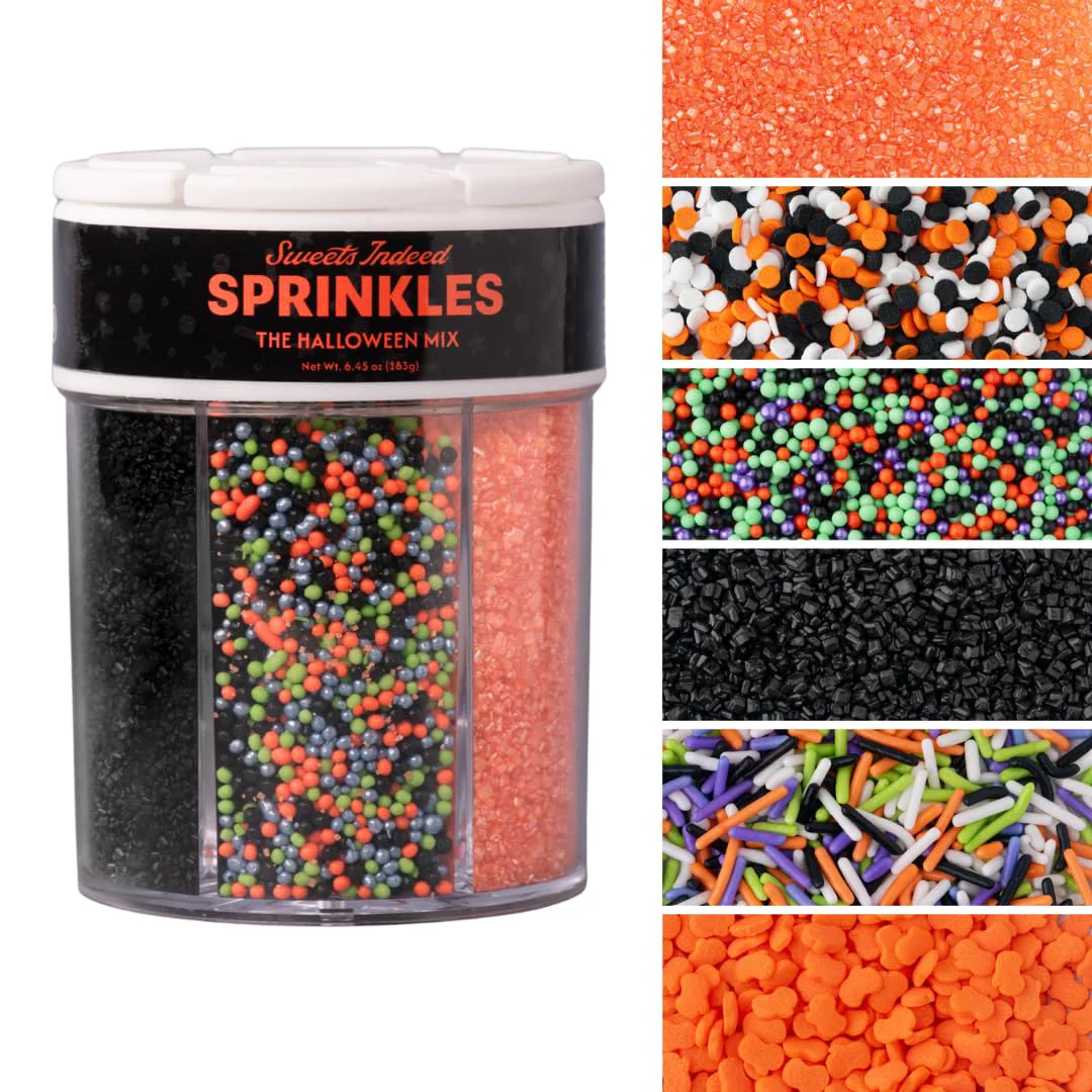 Casual Sweets Indeed Halloween 6-Cell Sprinkle Jar – 6 Variety Sprinkle Compartments Edible Cake Decorations for Cupcakes Cookies Cakes amp Desserts 6.45 oz Top-Quality
