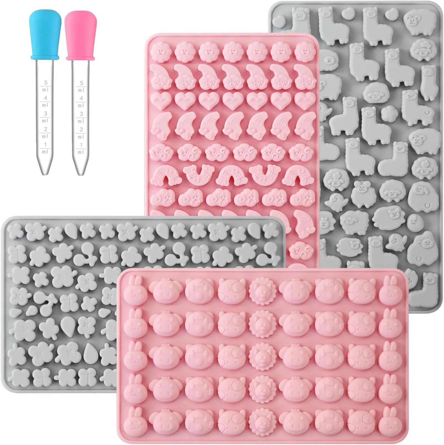 Luxury Animals Flowers Silicone Candy molds Non-Stick Gummy Bear Chocolate Gelatin Tray with 2 Droppers Creates 260 Alpaca Clover Animals Excellent