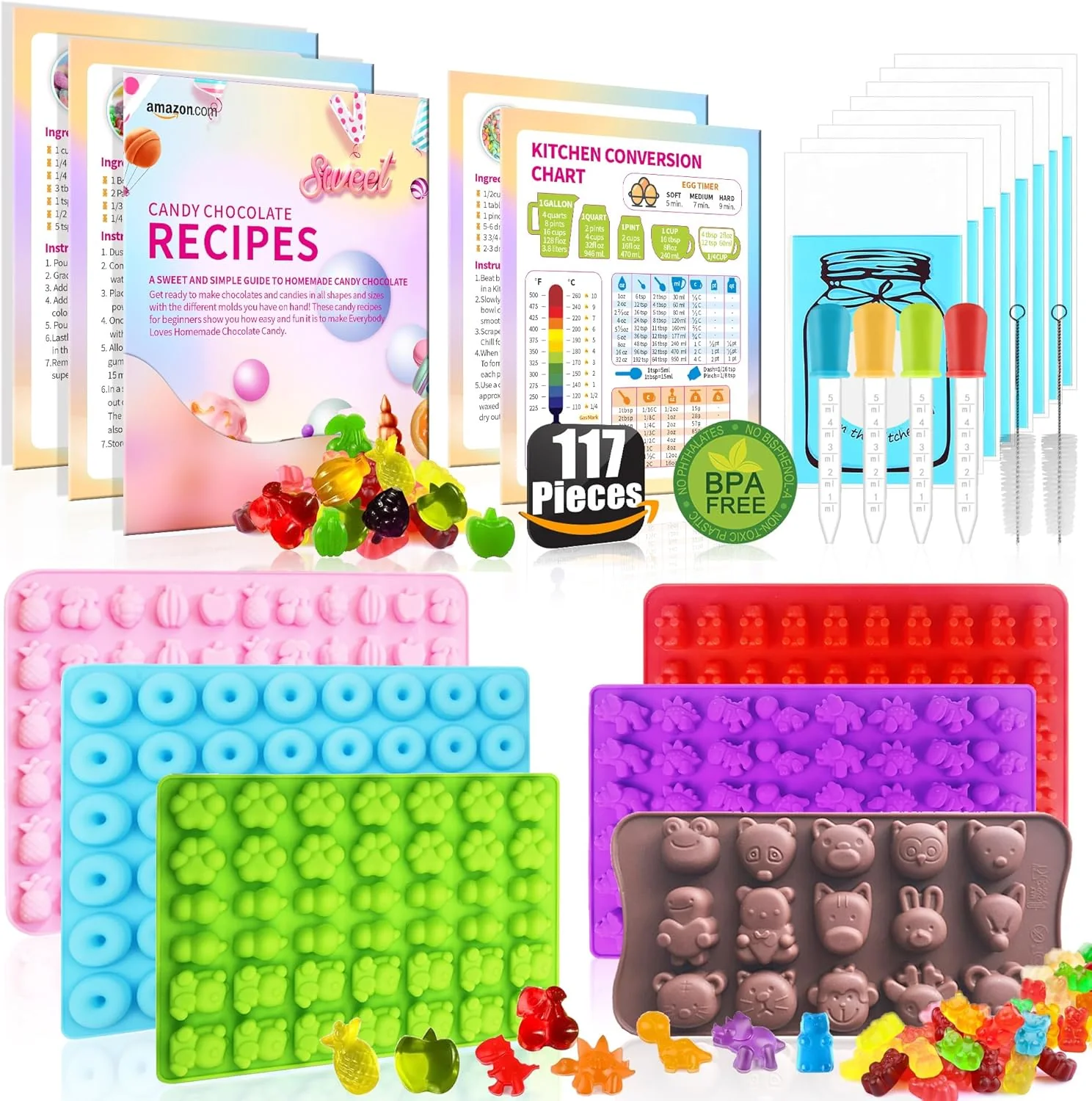 Artisan 117Pcs Silicone Gummy Bear Molds Kit with 100 Wrappers 5 Recipe Cards 4 Droppers 2 Brushes Non-Stick Candy Mold for DIY Chocolate Gummy Bears Sustainable