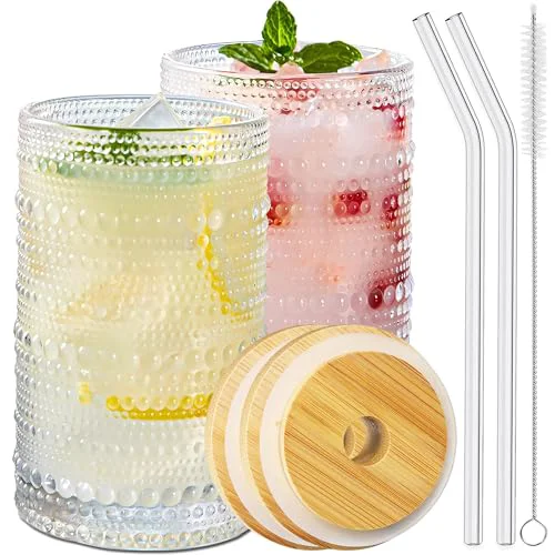 Solid 2 Pcs Iced Coffee Glasses Cups with Bamboo Lids and Straws 2 Count Durable