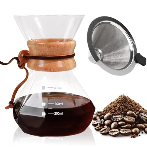 Trendy Pour Over Coffee Maker 400ml with 304 Stainless Steel Filter Wooden Collar Holder Borosilicate Glass Drip Coffeemaker Server Set Clear Hand Brew Dripper Carafe for Home Camping Travel 13.5oz User-Friendly