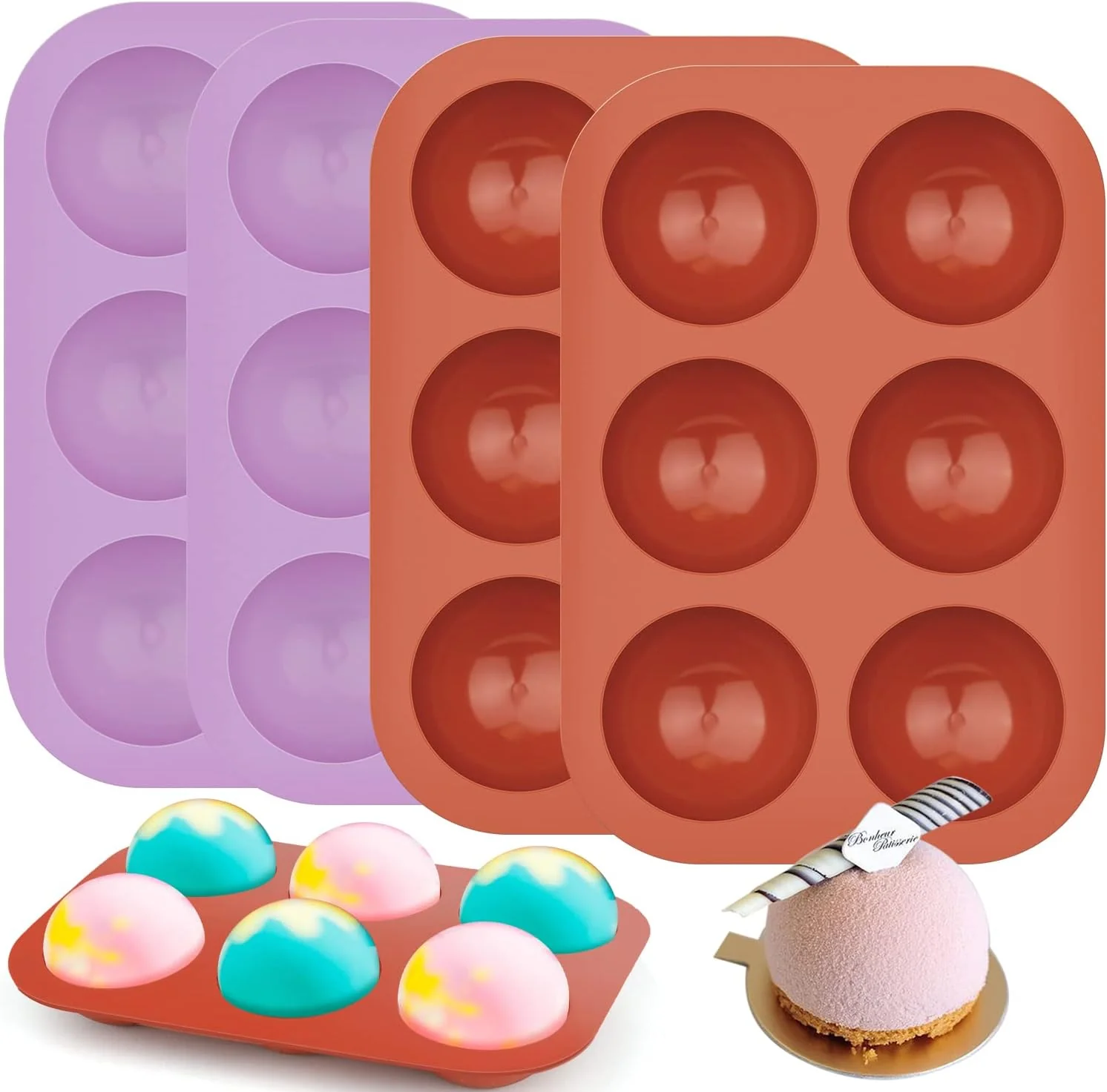 Outstanding 4Pack 6-Cavity Semi Sphere Silicone Mold Baking Mold for Making Hot Chocolate Bomb Cake Jelly Dome Mousse 2Pcs Purple 2Pcs Red Luxury