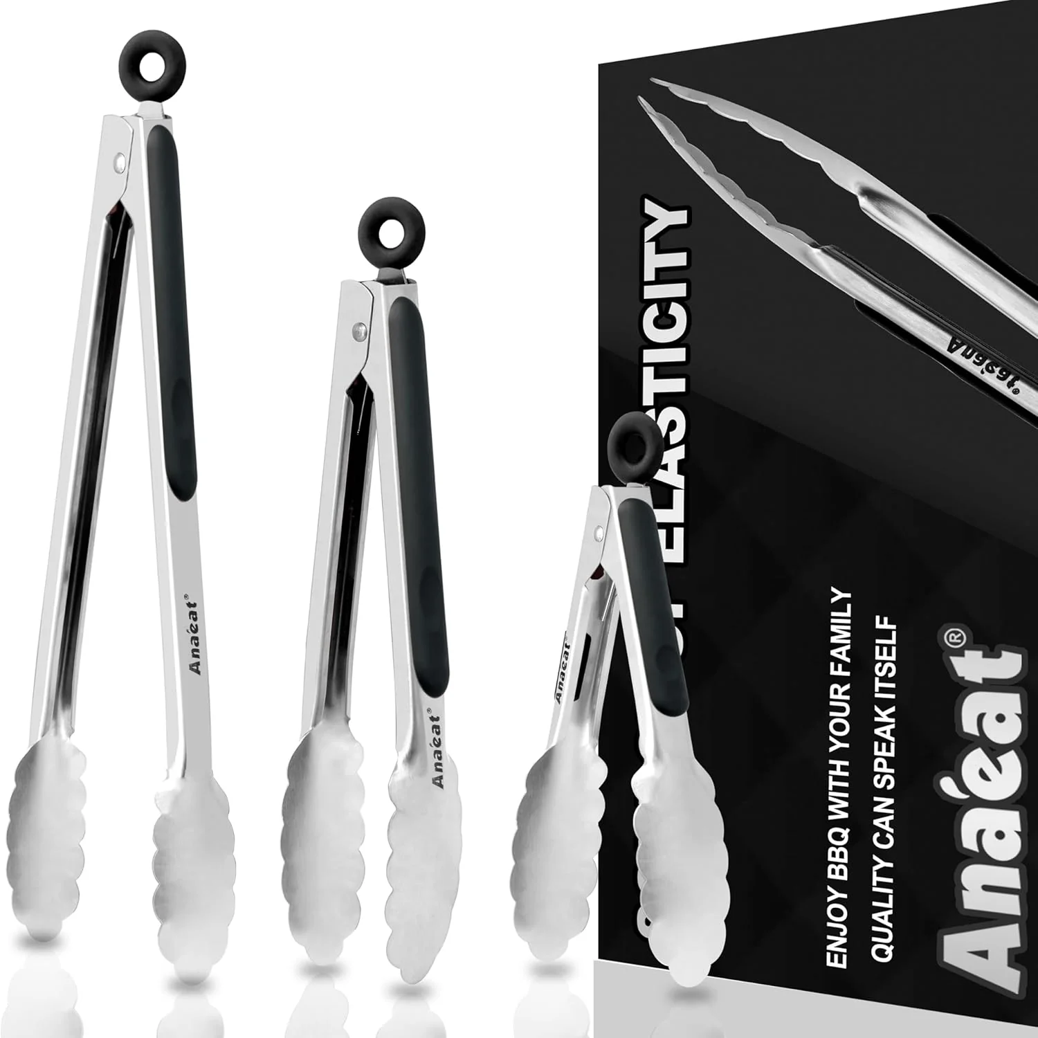 Optimized Anaeat Premium Kitchen Locking Tong Set of 3 – Heavy Duty Stainless Steel Food Tongs with Long Handle Non-Slip Silicone Grip for Cooking Baking High-Grade