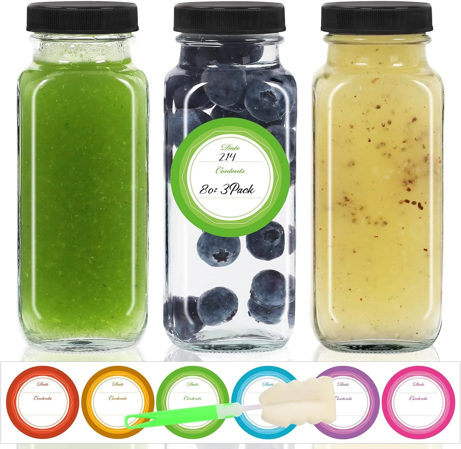 Detailed Glass Juice Bottles 8oz 3-Pack with Lids Brush Fine Crafted