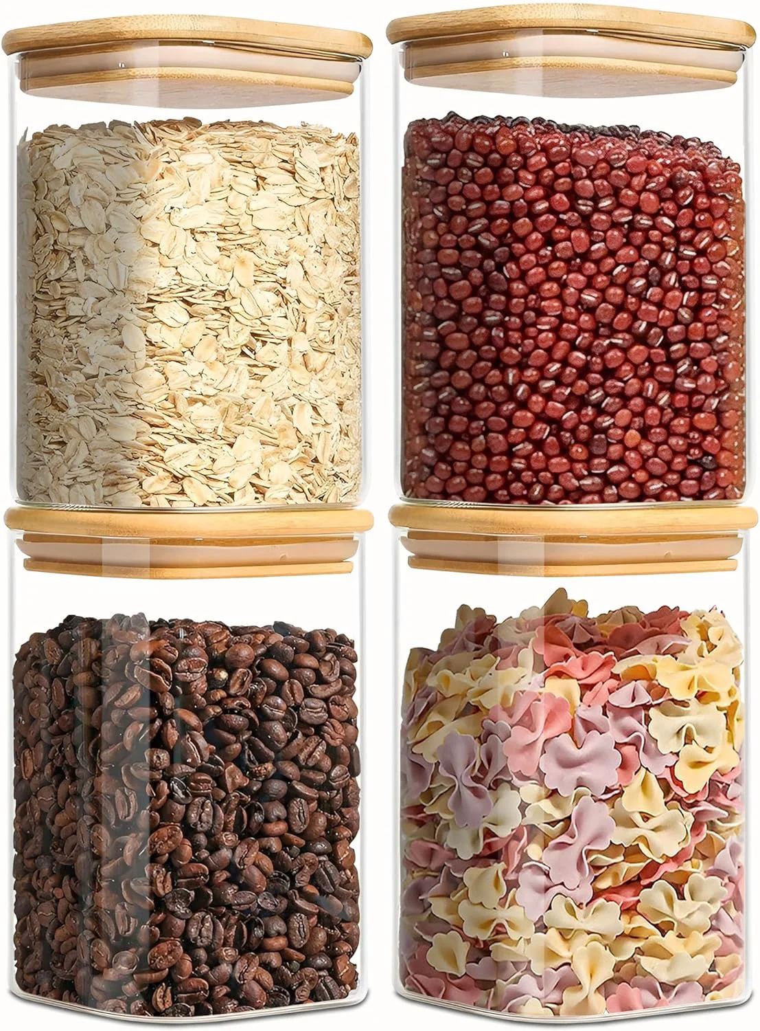 Practical Square Glass Jars Canister with Wood Lid 37 FL OZ Set of 4 Container Jar with Sealing Lids for Oat Pasta Flour Ce Rice Sugar Tea Coffee Beans Top-Quality