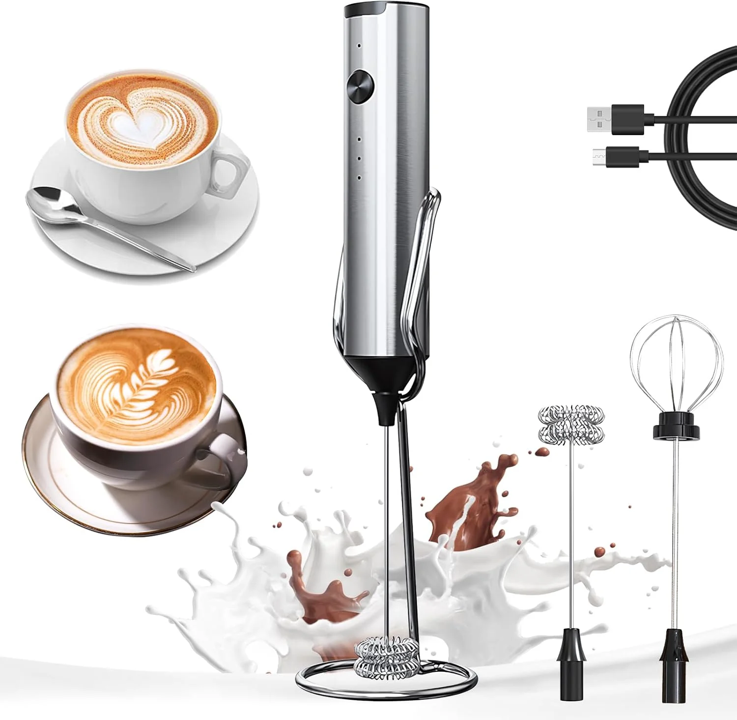 Top-Quality Yarramate Rechargeable Milk Frother Wand Handheld With Stand 3 Speed Adjustable Drink Mixer with 2 Whisks Practical