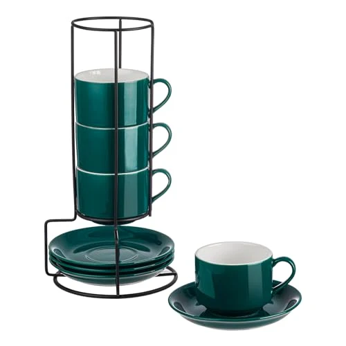Quality 8 Ounce Porcelain Stackable Cappuccino Cups and Saucers Set of 4 4 Count Versatile