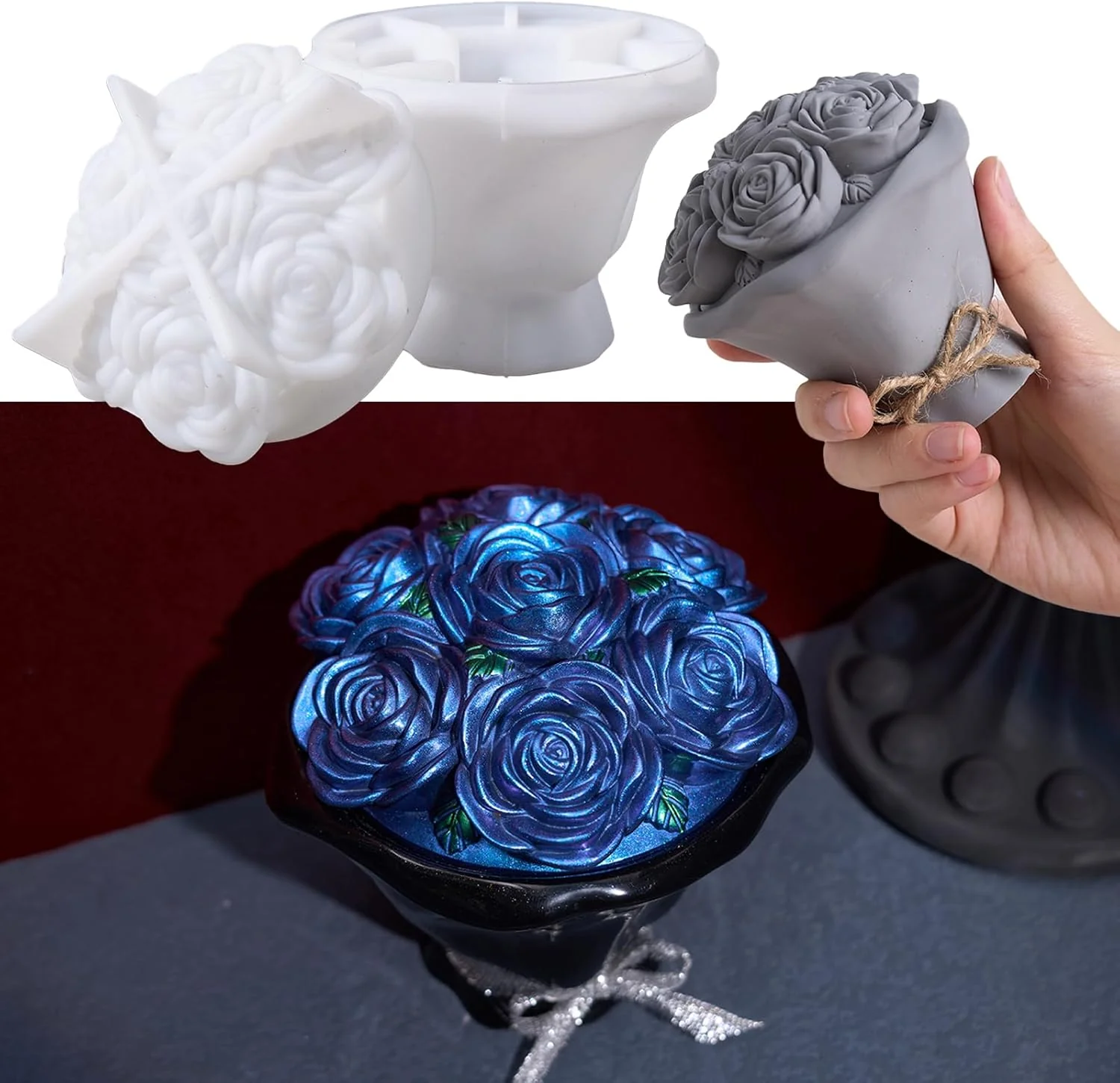 Excellent Epoxy Resin Storage Box Silicone Molds A Bouquet of Roses Jar with Lid DIY Jewelry Trinket Candy Container Silicone Mould Epoxy Concrete Cement High-Quality