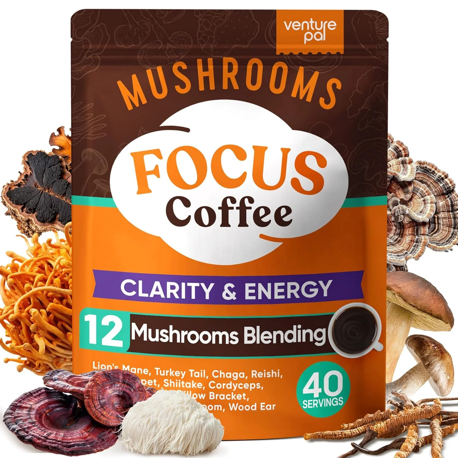 Powerful Venture Pal Mushroom Coffee with 12 Adaptogenic Functional Mushrooms with Ashwagandha Lion’s Mane Chaga and Probiotics Elite