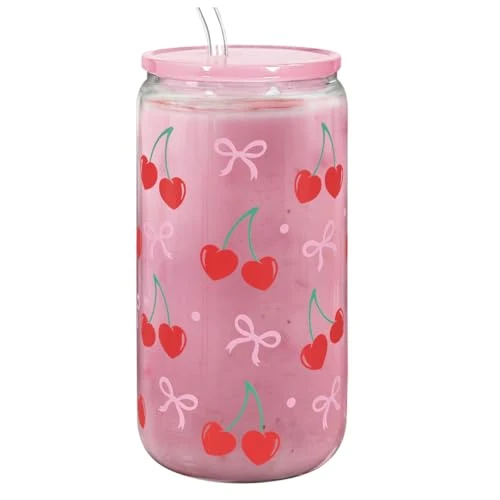 Green Cherry 16 Oz Can Glass Tumbler with Acrylic Lid and Straw First-Class