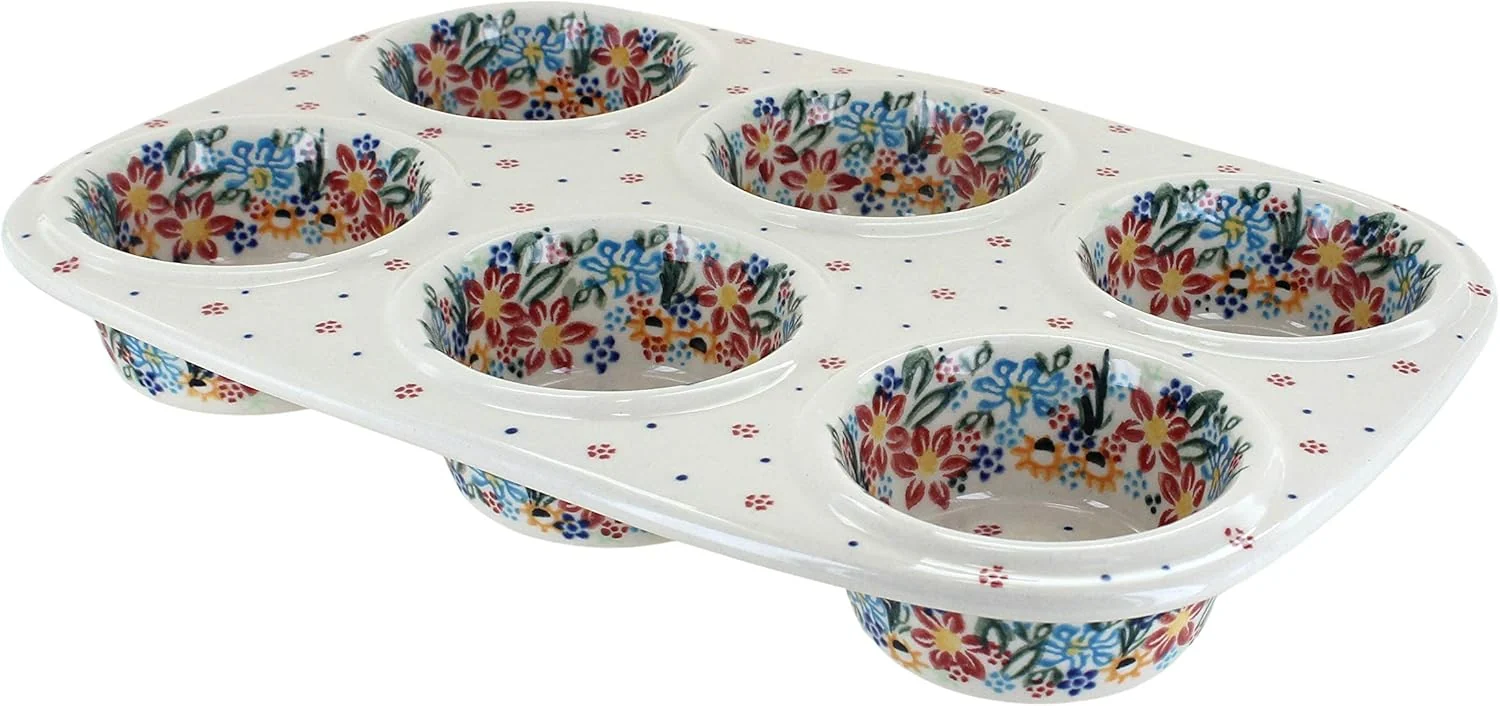 Secure Blue Rose Polish Pottery – Blue Tara Muffin Pan – 12 x 8 – Ceramic Baking Dish 6-Cup Muffin Cupcake Pan Optimized