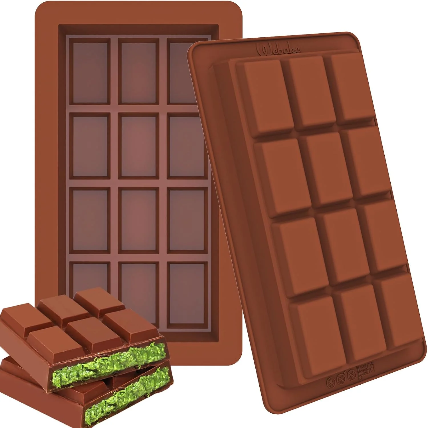 Consistent Webake 1 Inch Deep Chocolate Bar Mold 12 Snap Large 2 Pack Silicone Thick Chocolate Bar Molds Big Dubai Chocolate Bar Mold for Stuffed Natural