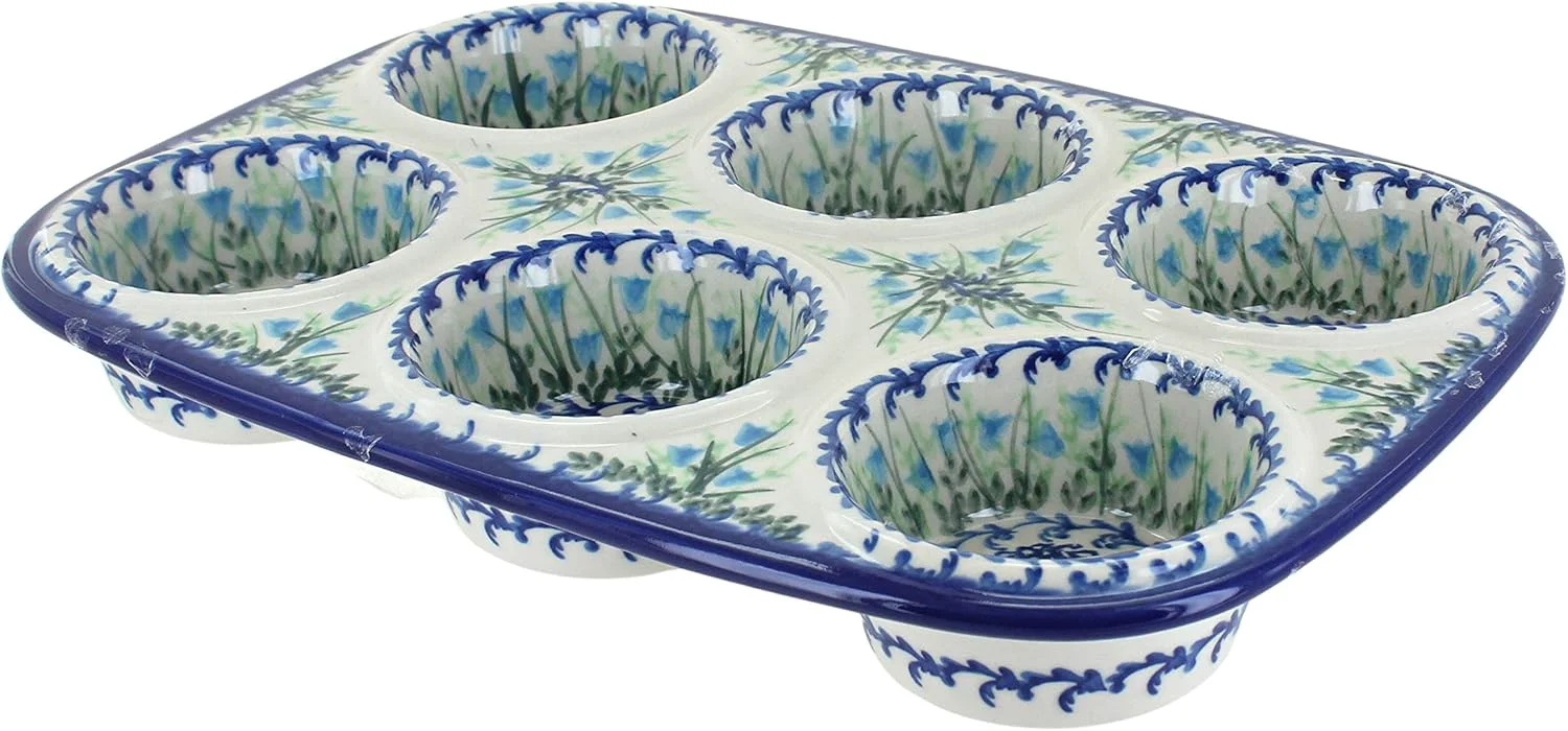 High-Performance Blue Rose Polish Pottery – Blue Misty Muffin Pan – 12 x 8 – Ceramic Baking Dish 6-Cup Muffin Cupcake Pan Exclusive