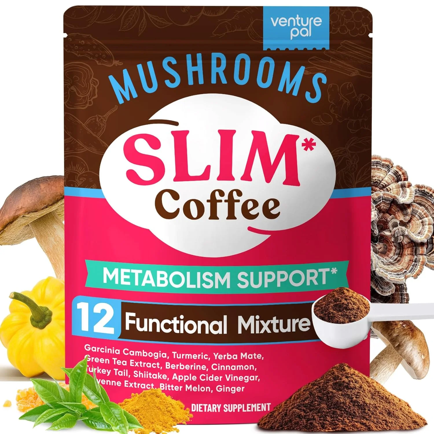 Fine Venture Pal Slim Mushroom Coffee for Weight Loss Instant Coffee with Berberine Cinnamon Yerba Mate Turmeric More Proven
