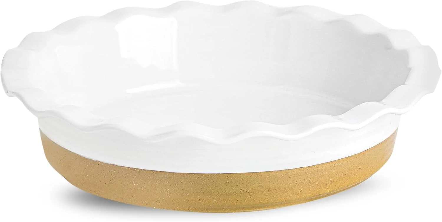 Convenient Hasense Ceramic Pie Pan 9 Inch Quiche Pie Dish for Baking Apple Pie Tart and Cake Farmhouse White Round Baking Dish Microwave Oven Safe Responsible