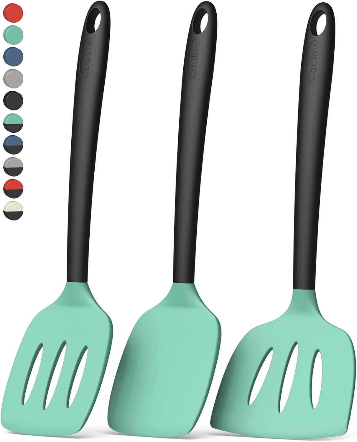 Expertly Made Coukre 3 Pack Silicone Spatula Set Heat Resistant to 500°F BPA- Fish Spatula Solid amp Slotted Turners Dishwasher Safe Spatula Set for Eggs Pancakes Fish amp Burgers AquaGreenBlack Durable