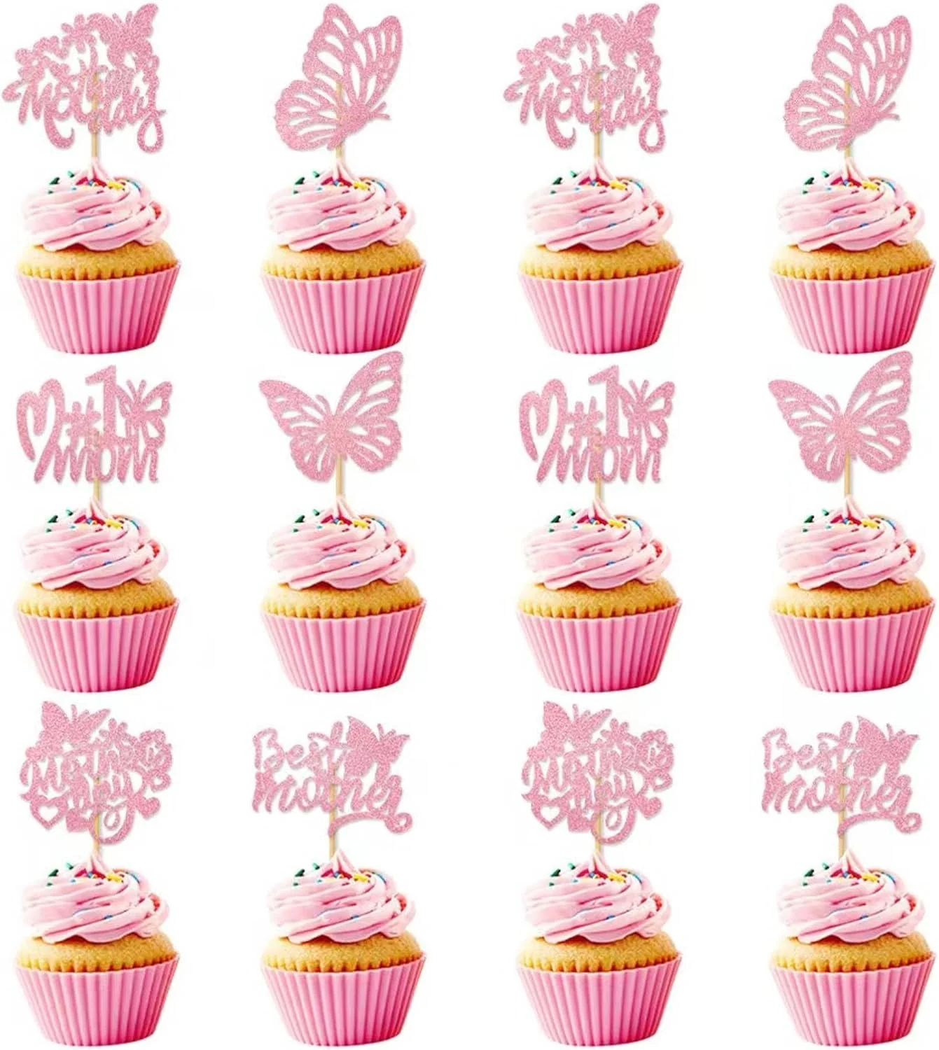 Elite 12Pcs Birthday Cupcake Toppers Pink Glitter Cake Toppers Butterfly Cupcake Picks for Coquette Theme Party Decoration Engagement Wedding Baby Shower Long-Lasting