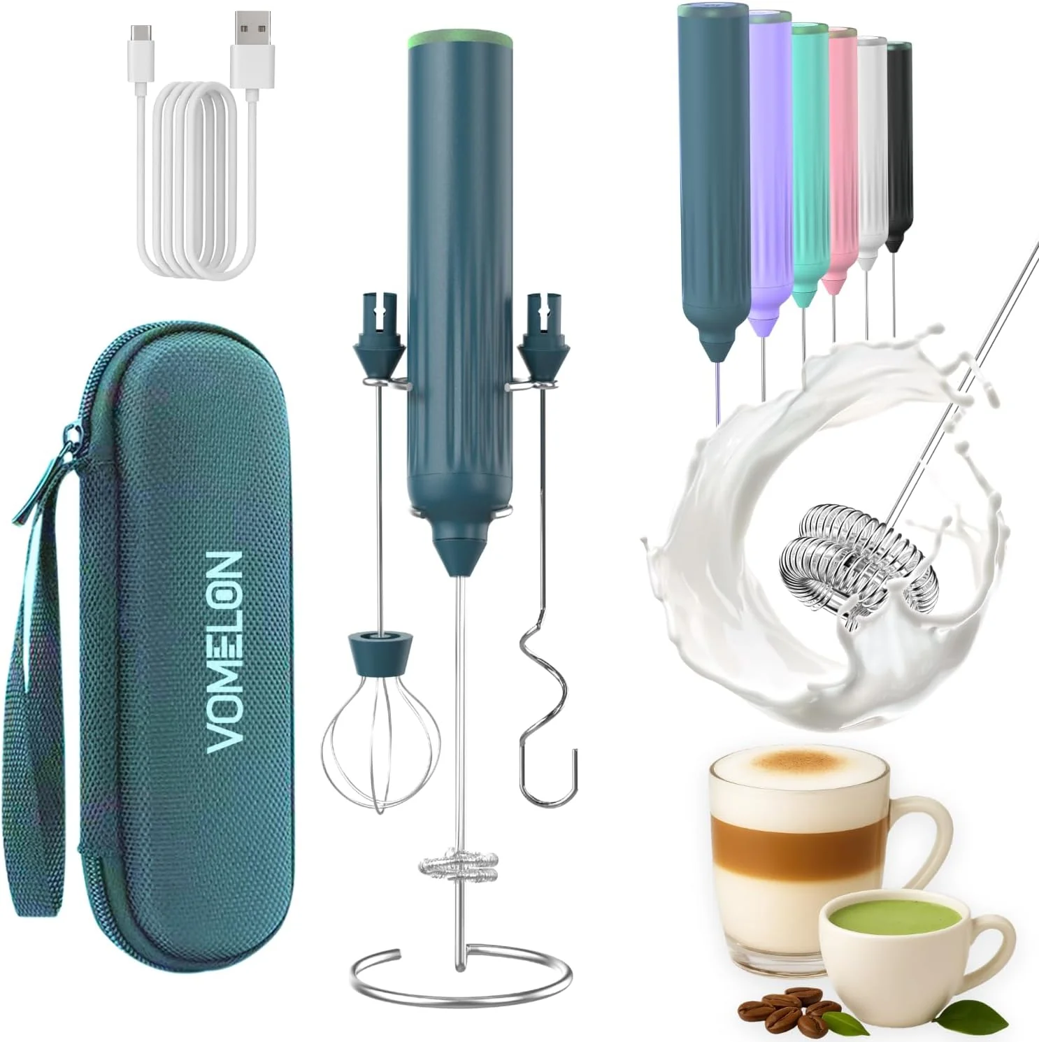 Genuine Milk Frother Handheld with 3 Stainless Steel Whisks Rechargeable Electric Drink Mixer with Stand Travel Case Milk Foamer for Coffee Latte High-Grade