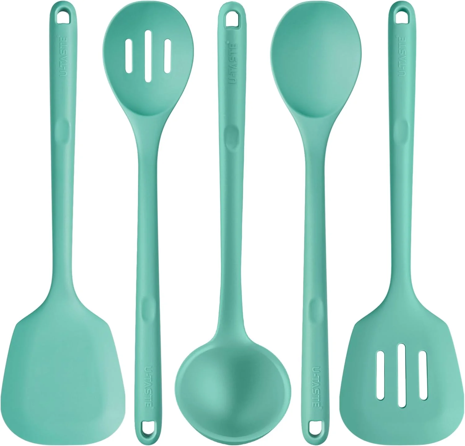 Responsible U-Taste Silicone Kitchen Cooking Utensil Set of 5 13.6 Long Aqua Sky 600ºF Heat Resistant Food Grade Kitchen Tools amp Gadgets Extra Long Wide Spatula Turner Spoon Ladle for Serving Mixing Stirring Optimized