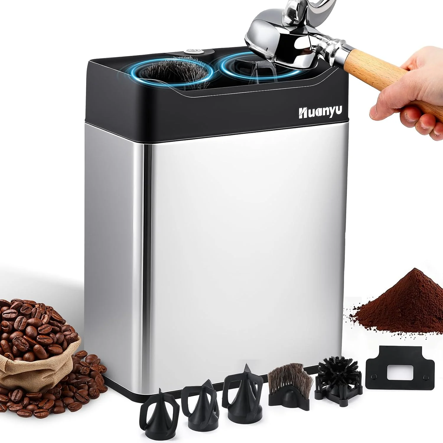 Professional Huanyu 6L Automatic Portafilter Cleaner 3-Way Installation for 51 amp 58mm 6l capacity for 50 cycles dual brush heads 3 size scrapers fits 51 amp 58mm portafilters stainless steel for mid-volume cafe Trusted
