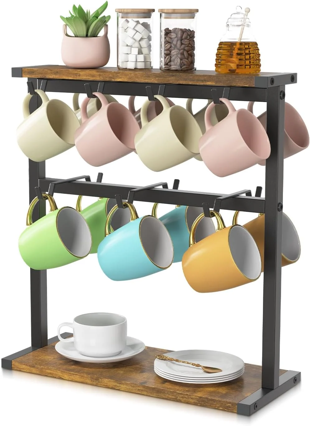 Certified EsLuker.ly Coffee Mug Holder Cup Tree Rack for Countertop 2 Tier Rustic Wood Coffee Bar Station Organizer Narrow Display Stand for Kitchen Office Eco-Friendly