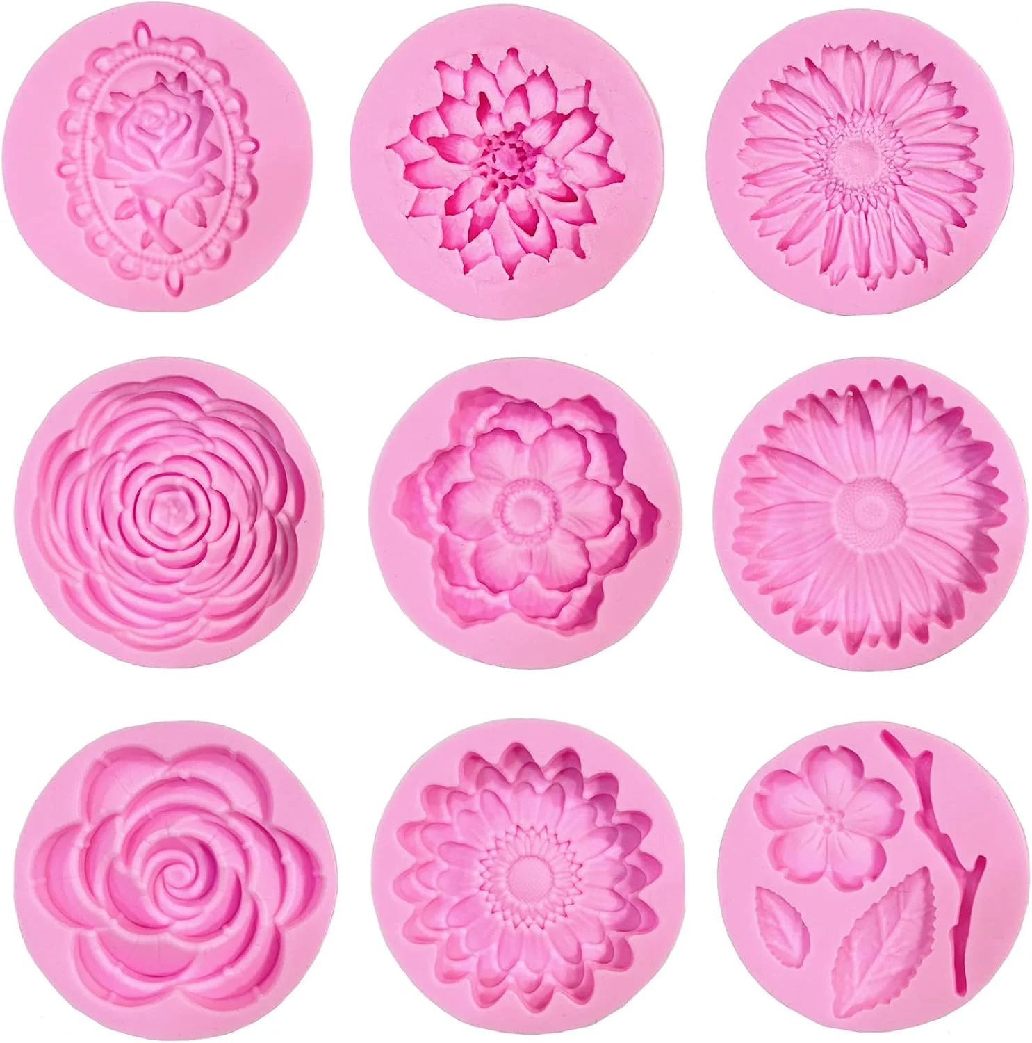 Solid 9 Pcs Flowers Fondant Molds Silicone for Cupcake Dessert Chocolate Jelly Cookie Decor Jewelry Pastry Handmade Soap Mould Candy Making Reusable
