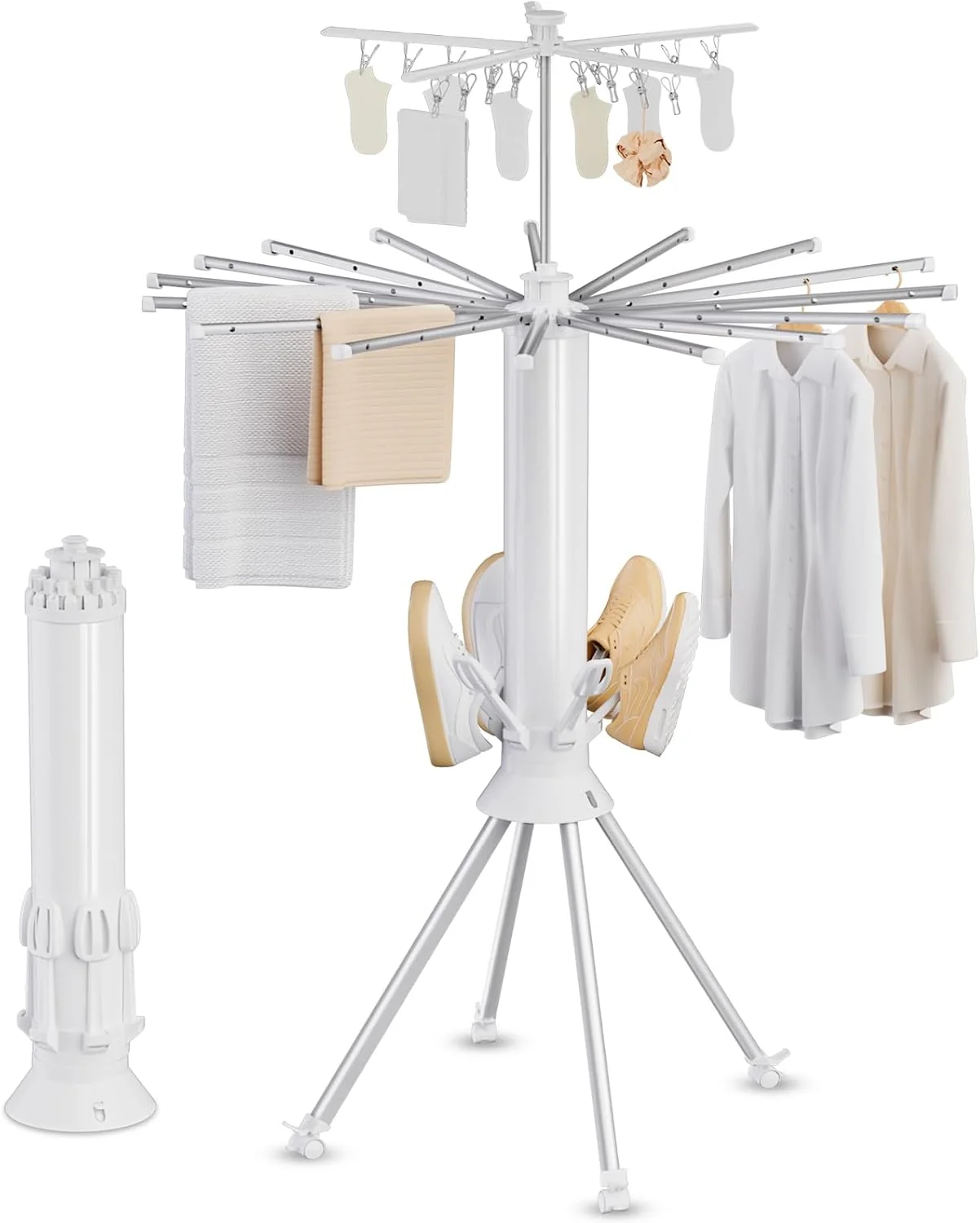 Flexible Clothes Drying Rack Foldable 4-Legged Portable Drying Rack Clothing with 20 Clips Shoe Dryer Rack Outdoor Laundry Drying Racks with 4 Pulleys Trendy