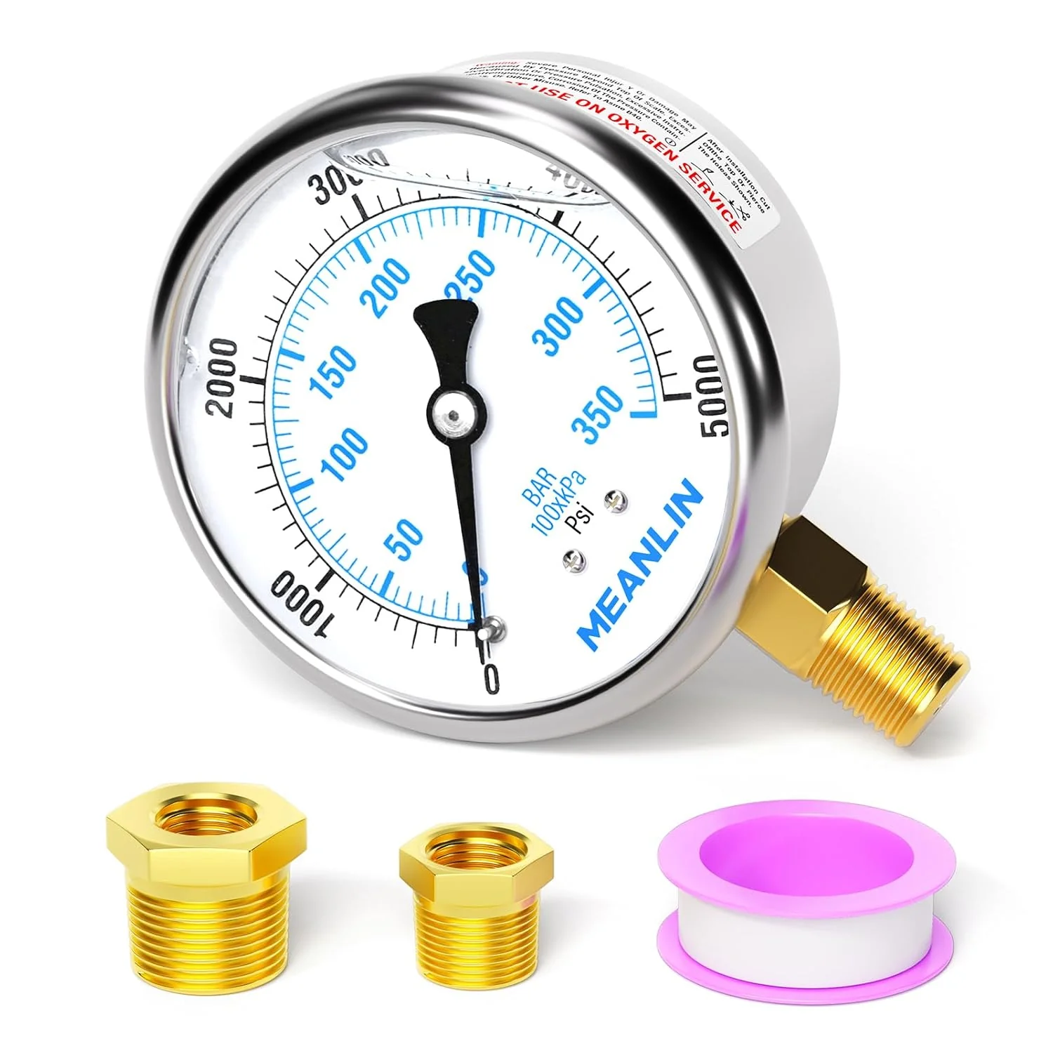 Sustainable MEANLIN MEASURE 0 5000Psi Stainless Steel 1 4 NPT 2.5 FACE DIAL Liquid Filled Pressure Gauge WOG Water Oil Air Lower Mount with 1 2 NPT and 3 8 NPT Hex Bushing Luxury