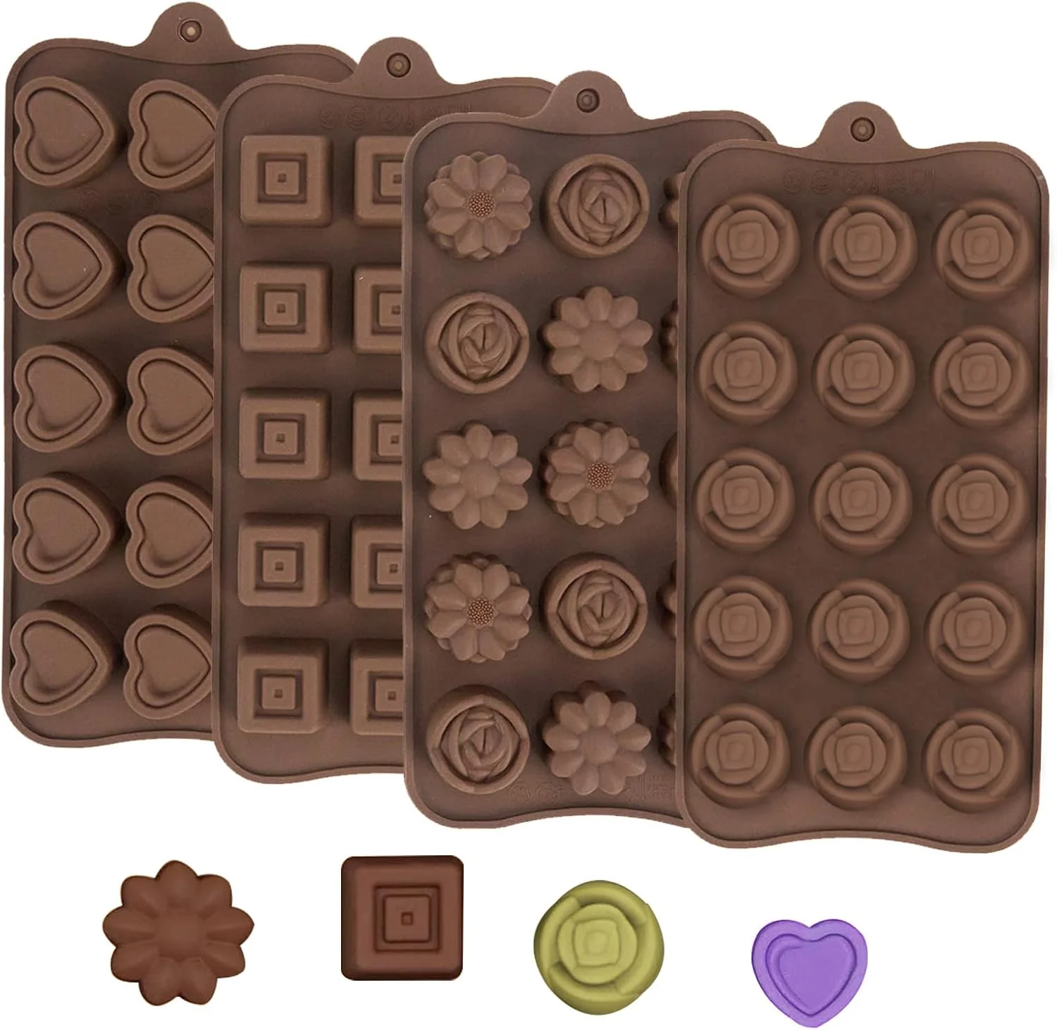 Artisan 4 Pcs Chocolate Silicone Molds for Candy Food Grade No-Stick Baking Molds with Different Shapes 4 Styles Detailed