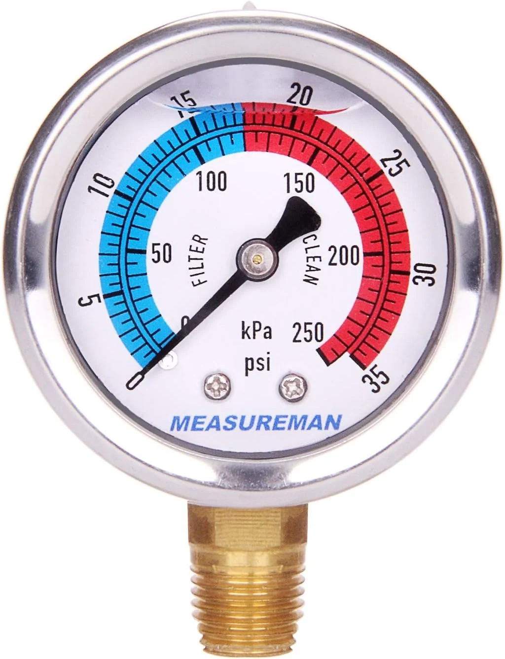 Premium Material Measureman 2 Dial Size Glycerin Filled Pool Filter Pressure Gauge 304 Stainless Steel Case 0-35psi 250kpa 1 4 NPT Lower Mount Soft