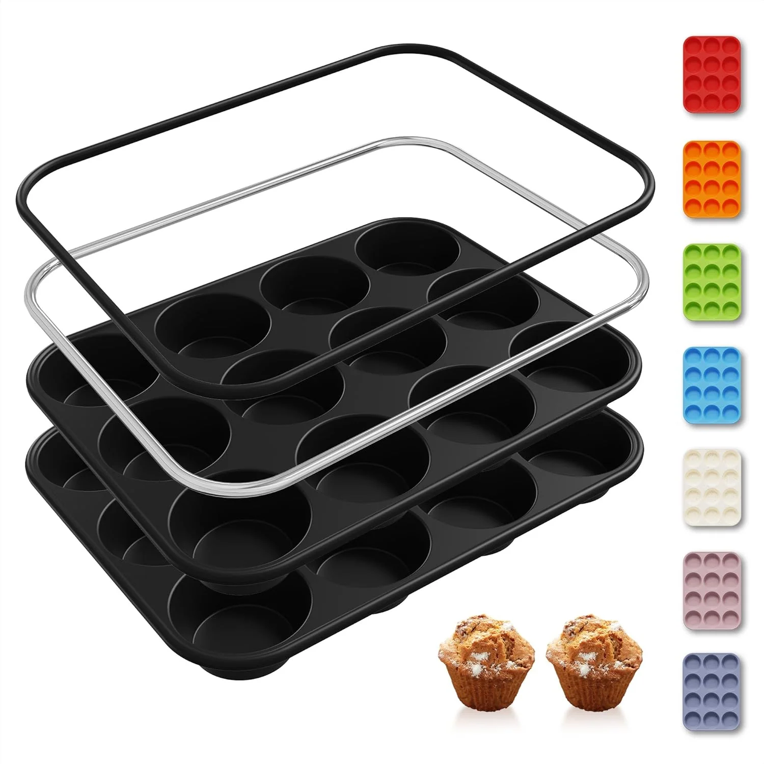 Breathable 2 Pack 12 Cups Silicone Muffin Pan with Metal Reinforced Frame Regular Size Silicone Molds Cupcake Cake Baking Pans Cookie Baking Chocoflan Cupcake Mold Baking Homemade Muffins Cupcakes Egg Bites Eco-Friendly