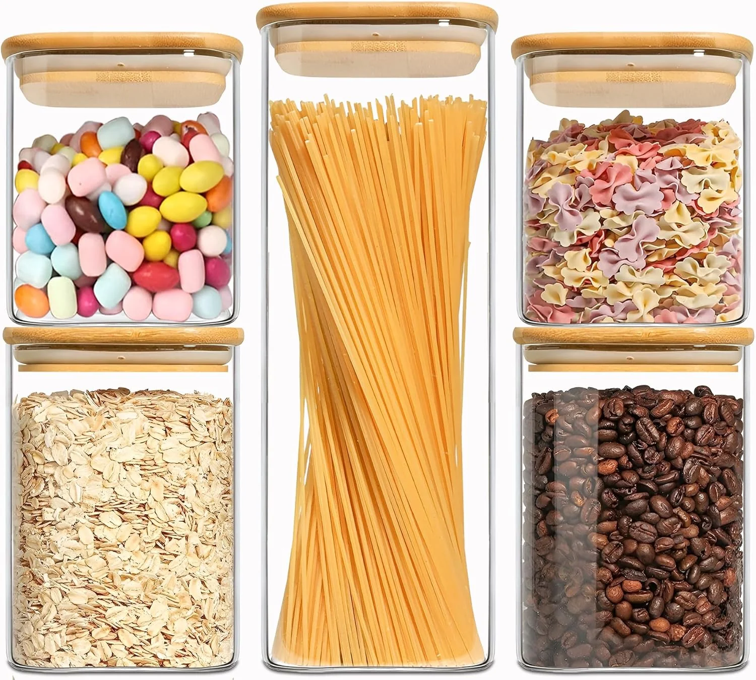 Carefully Designed Food Storage Containers with Airtight Bamboo Lids Set of 5 Glass Canisters with Airtight Lids Glass Food Storage Containers for Pasta Oats Coffee Modern