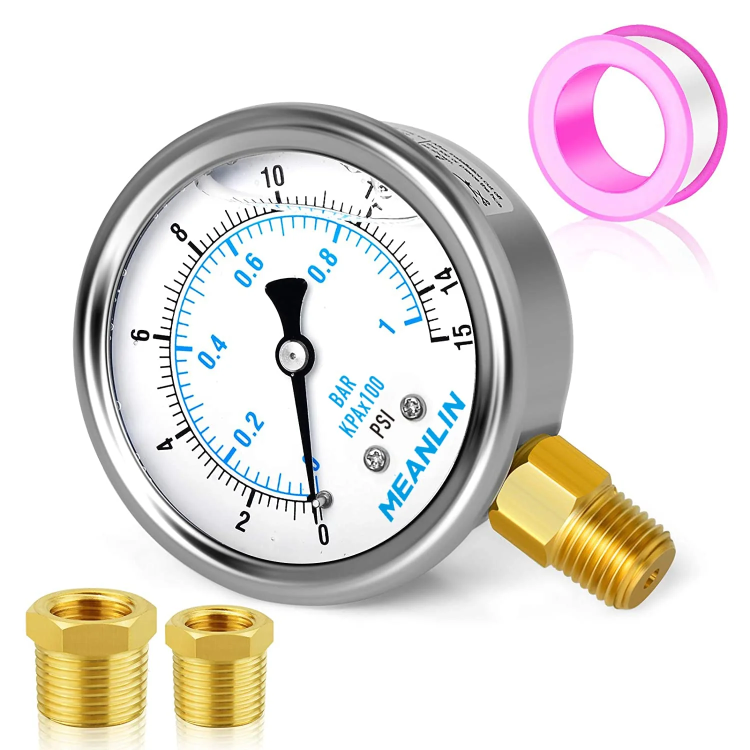 Traditional MEANLIN MEASURE 0 15Psi Stainless Steel 1 4 NPT 2.5 FACE DIAL Liquid Filled Pressure Gauge WOG Water Oil Lower Mount with 1 2 NPT and 3 8 NPT Hex Bushing Long-Lasting