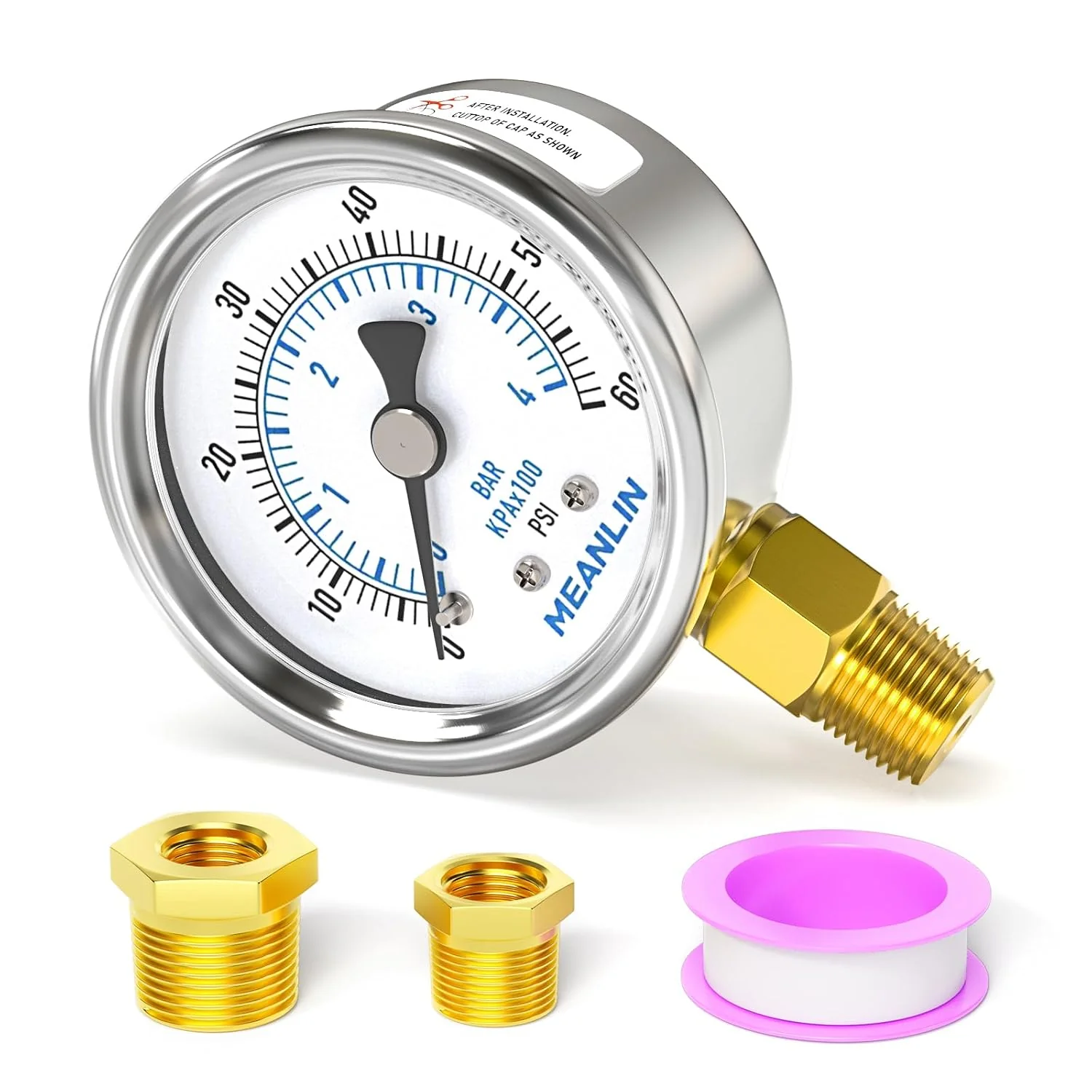 Practical MEANLIN MEASURE 0 60Psi Dry Pressure Gauge Stainless Steel 1 4 NPT 2 FACE DIAL Waterproof for Pool Filter Pump Oil Air Compressor Tire Pressure Tester Lower Mount with 1 2 NPT and 3 8 NPT Hex Bush Fine