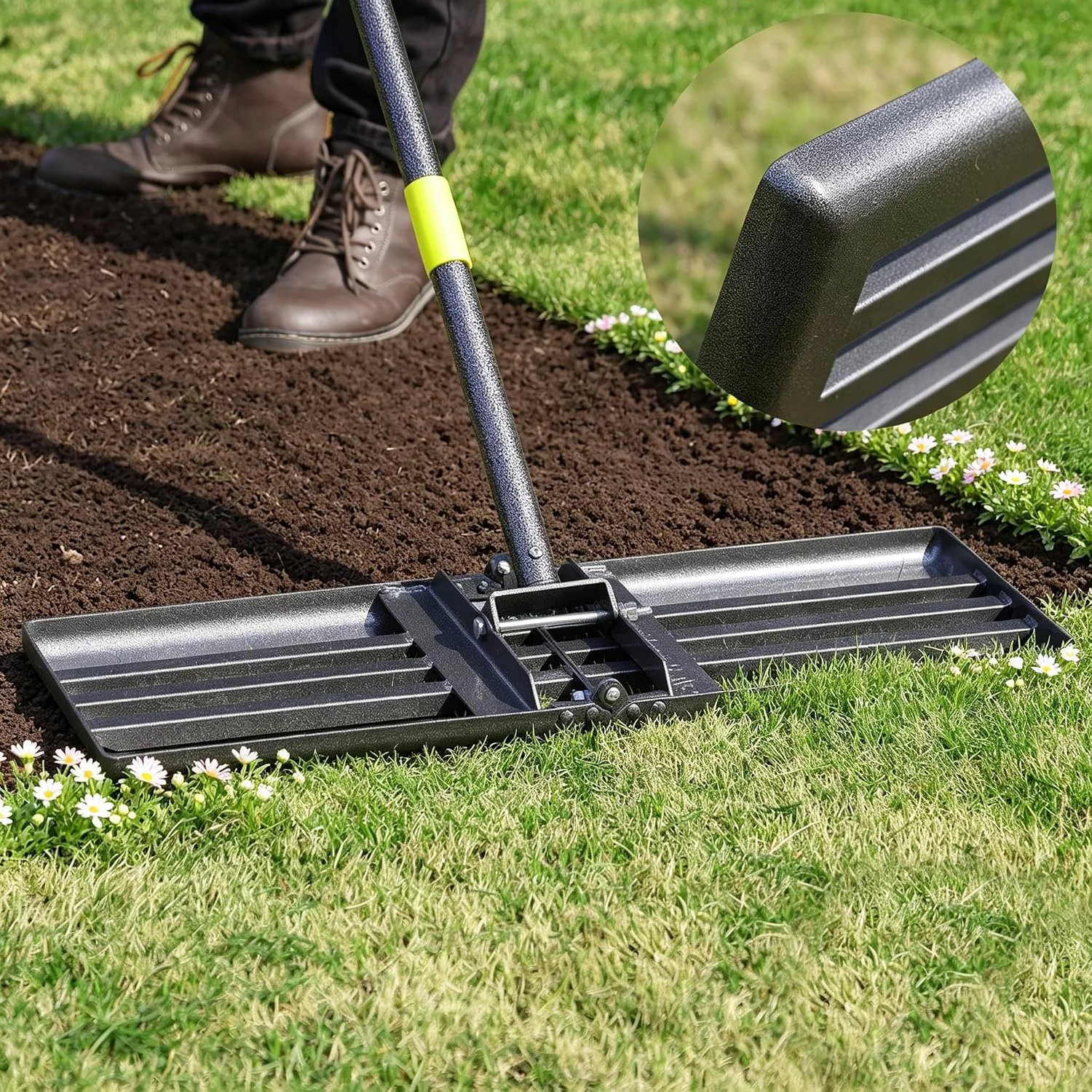 High-Quality Lawn Leveling Rake Heavy Duty 30 x10 Large Ground Plate Leveler Tool Anti Flipping Smooth Edge Pull Behind Garden Landscape Rake for Soil Sand Dirt Yard Top Dressing Long Handle 65 Inch Unique