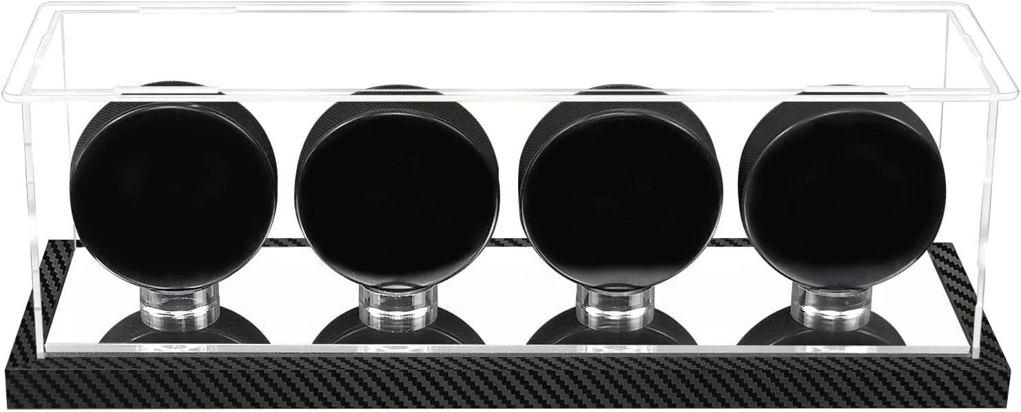 Clean Hockey Puck Display Case for 4 Pack in one Arcylic Puck Display Holder Stand UV Protected Dustproof Clear Display Cube Standing Display Cases Efficient